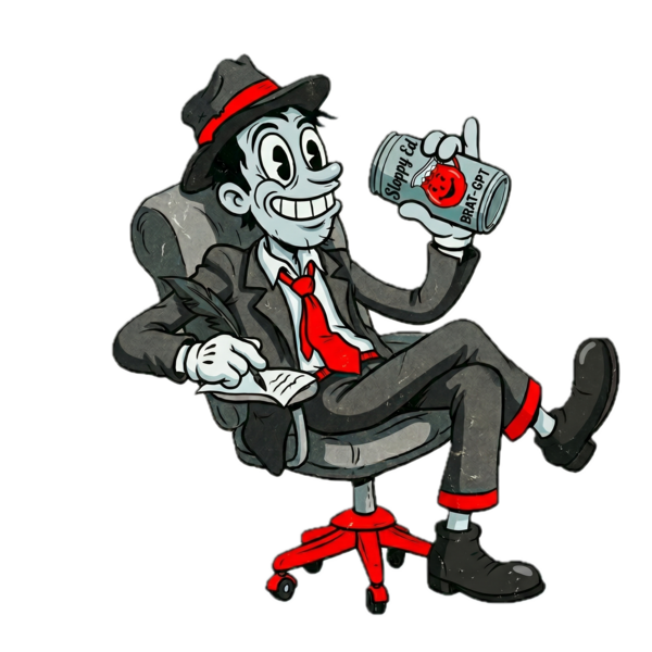The Slop-Ed Mascot — a cartoon journalist in an office chair, drinking a can labelled BRAT-GPT